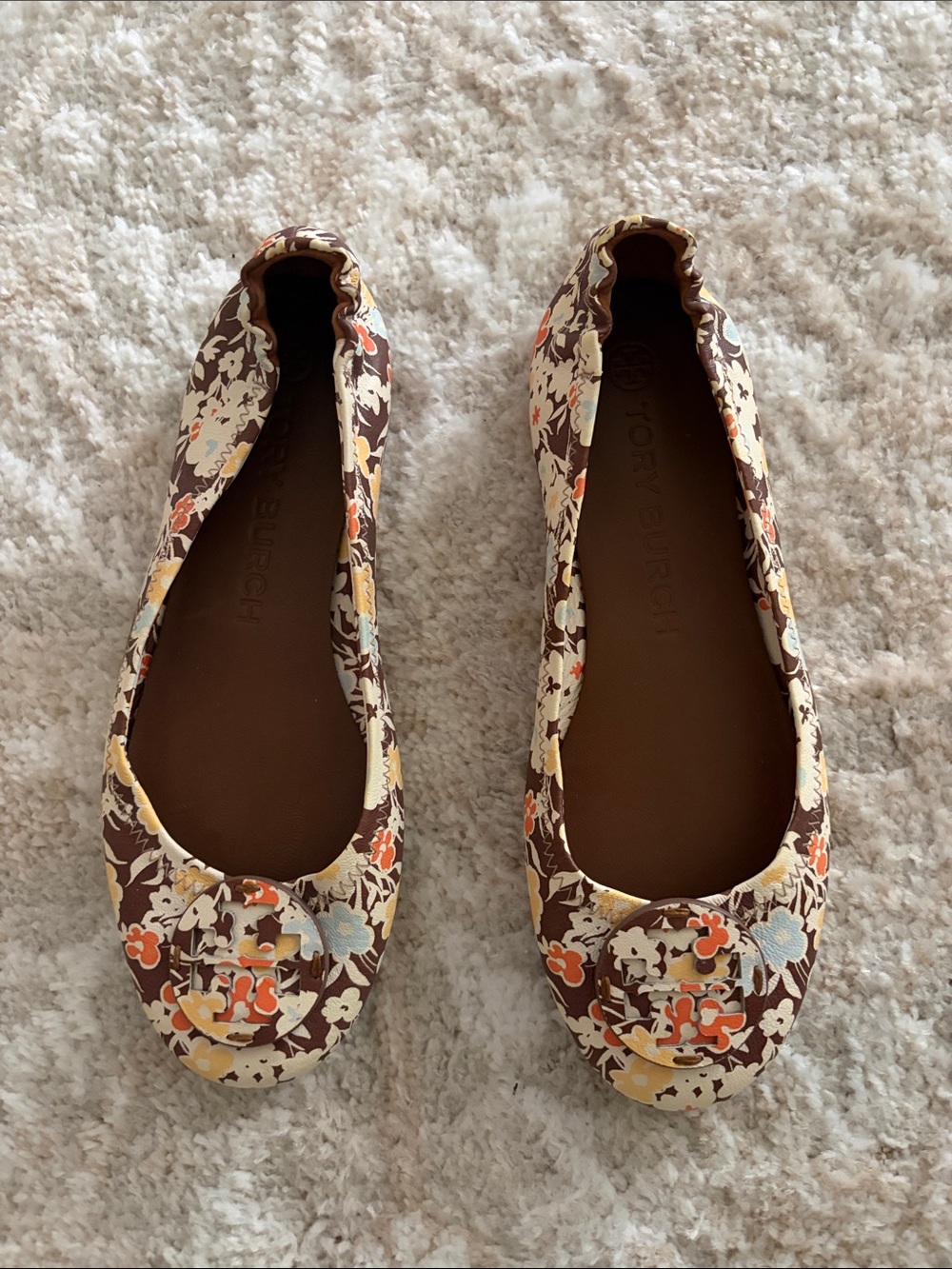 Tory Burch NEW  Logo Ballet Flats - Brown/Orange/Yellow/Cream Size 7.5 M leather